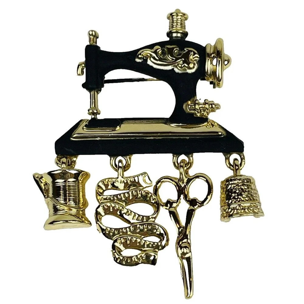 Vintage AJC Sewing Machine Brooch Pin Gold Tone Dangle Charms Scissors Thimble